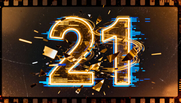 Glowing numeral 21 pulsing in filmstrip frame, emitting cyan outline, metal shards and gold trails - Powered by Adobe