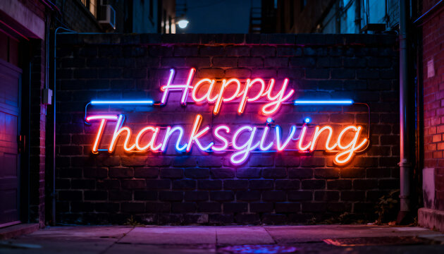 Glowing neon sign reading Happy Thanksgiving casting warm orange pink blue light at night in alley