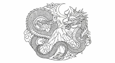 Intricate dragon illustration with detailed scales and flowing design.