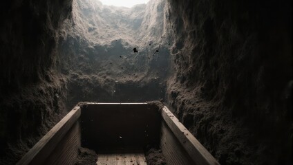 Wooden box inside a deep, dark hole, looking up at a bright, open sky