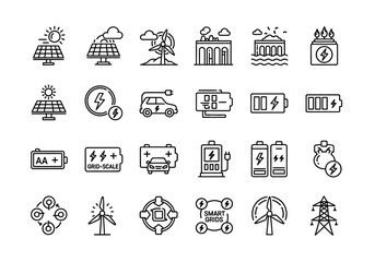 A comprehensive line icon set illustrating renewable energy sources, battery technology, and smart grid power distribution systems