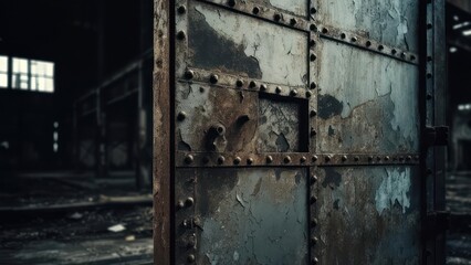 Weathered, rusted metal door with rivets, partially open in decaying industrial structure