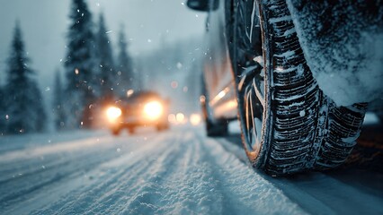 Winter Car Driving on Snowy Road. Close-Up of Vehicle Tire with Snow, Safety and Traction Concept