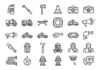 A comprehensive collection of thin line icons representing emergency services, including firefighting, police, and medical rescue symbols for safety