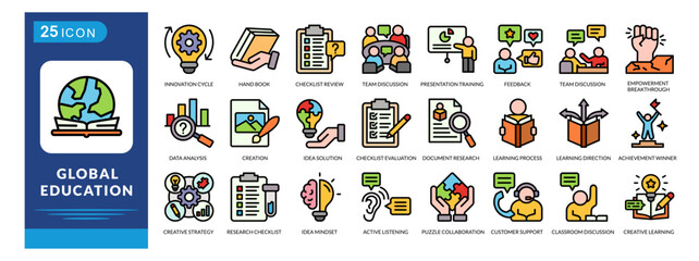 Global Education icon set collection in flat line style. Icon pack contains innovation cycle, hand book, checklist review, team discussion, idea solution, team discussion, data analysis, and creation