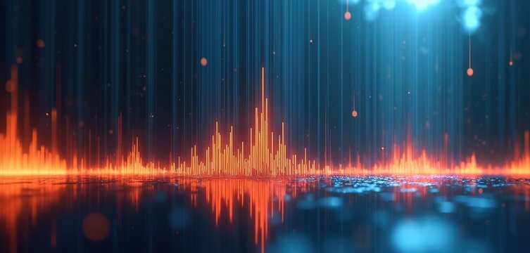 Abstract digital sound wave visualization with orange bars on dark blue background. Reflecting on wet surface, particle effects create dynamic motion. Good for music, tech, and science themes.