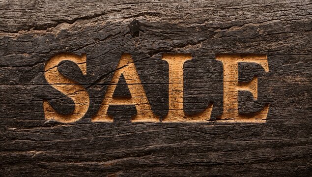 Displaying carved SALE letters glowing on rustic wood sign, with amber glow, grain and chisel marks
