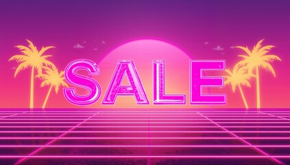Glowing large neon SALE sign overlapping semicircular sun at synthwave beach sunset with neon grid
