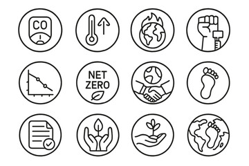 Climate Action Icons. Line style round icons of climate action: CO2 meter, temperature rise, global warming icon, climate protest;