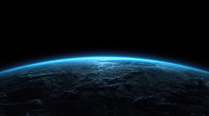 View of earth from space showing the horizon with a blue glow against a black background above it