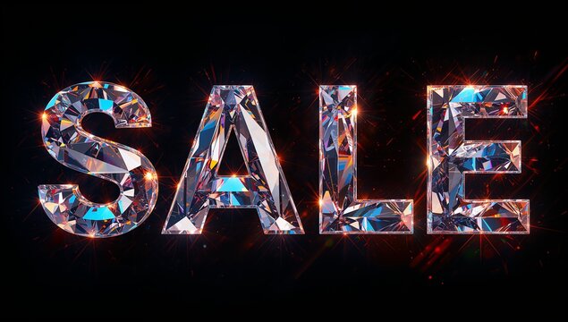 Shining faceted letters spelling SALE casting prism light on black void, showing flares, red sparks - Powered by Adobe