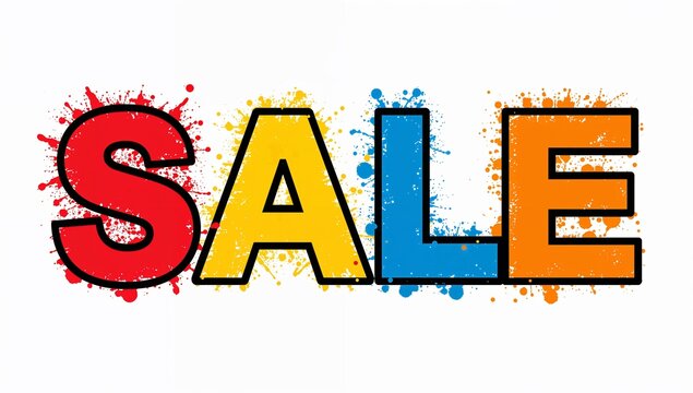 Displaying four large SALE letters on white background, showing paint splatters and black outlines