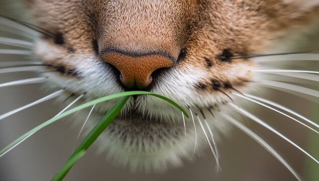 Focusing tabby cat muzzle on pink-brown nose, white whiskers and grass across mouth outdoors
