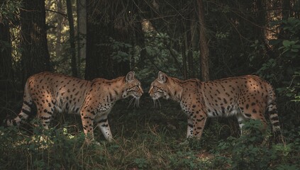 Obraz premium Facing two lynx-like cats standing nose-to-nose on leaf-littered forest floor, showing tree trunks