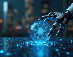 Robotic hand interacts with sphere displaying network data. Modern tech concept illustrates AI, future possibilities. Digital circuit board backdrop highlights innovation in tech. Illustration shows