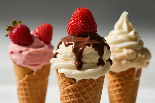 Three ice cream cones with strawberry, chocolate sauce, and vanilla toppings