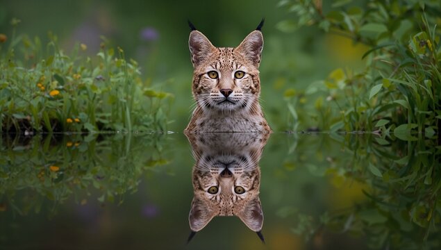 Emerging adult lynx head and neck mirroring in pond, green foliage, yellow flowers, ripples - Powered by Adobe