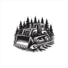 Bulldozer in a pine forest with a shovel, heavy equipment earthmoving vector logo illustration design 41