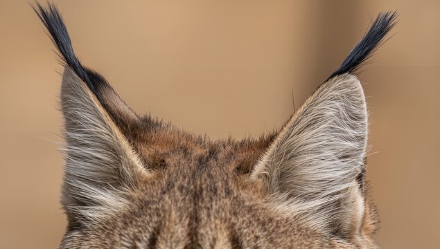 Displaying lynx-like cat head revealing tufted ears, mottled fur, guard hairs in studio - Powered by Adobe