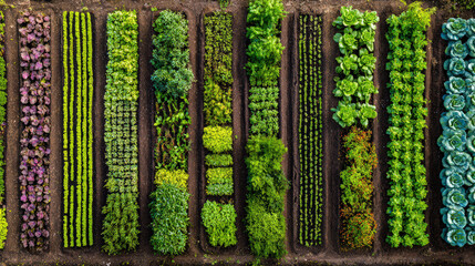 aerial view of sustainable vegetable garden with green rows