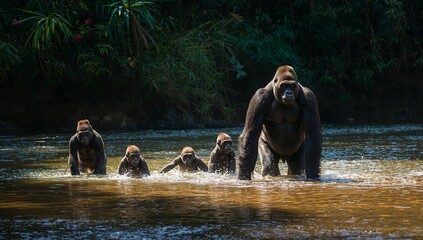 Wading silverback gorilla leading group across shallow river, splashing muddy riverbed, copy space