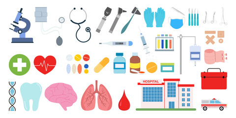 Flat Illustration of Medical Equipment and Symbols Set