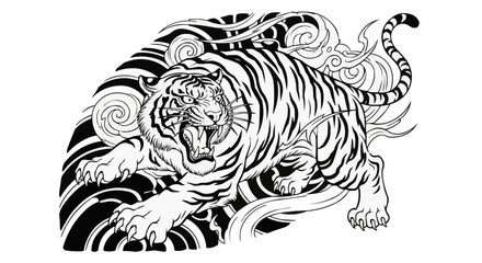 Powerful Tiger Roaring with Traditional Japanese Wave and Cloud Motifs.