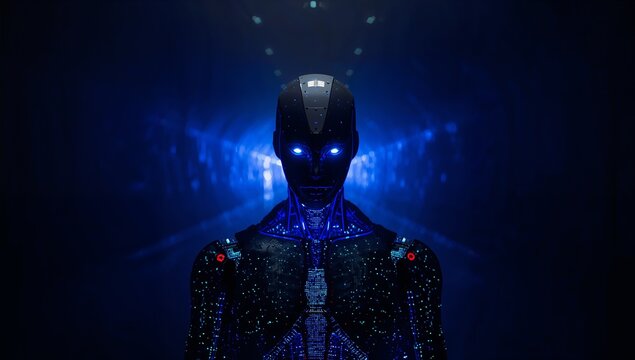 Standing android in blue tunnel showing lit chest circuitry, glowing eyes and red shoulder LEDs