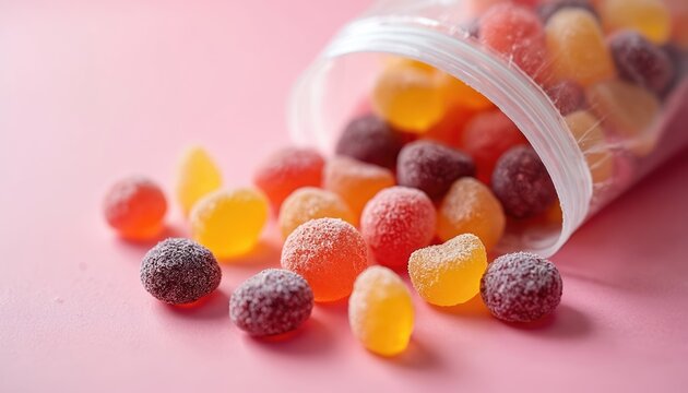 Vibrant gummy candies tumble from clear bag onto pink surface. Assorted colorful chewy sweets create playful texture and sweet fruity appeal for treats or parties.