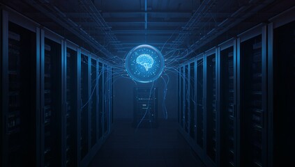 Floating holographic sphere emitting blue brain icon in data center aisle linking server racks