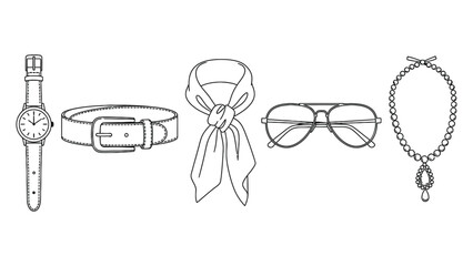 Collection of hand drawn fashion accessories including a watch belt scarf sunglasses and necklace