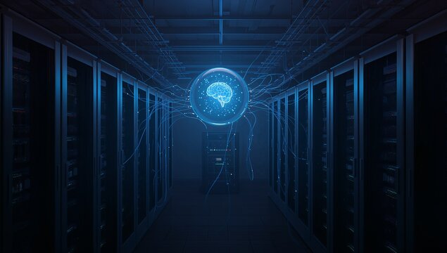 Floating holographic sphere emitting blue brain icon in data center aisle linking server racks