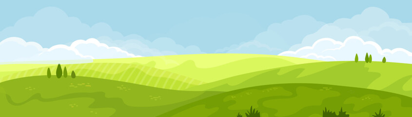 Landscape vector background. Nature wallpaper with blue sky, clouds, grass and place for your text. Grange and vintage field. Illustration for banner, wall art, cover, decoration temlate.