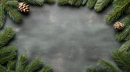 Deep green pine branch border with pine cone on chalkboard background, festive calm mood