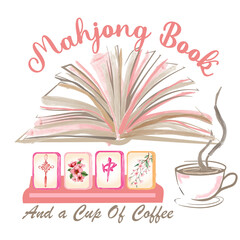 Pastel Watercolor Illustration of Open Book Coffee Cup and Mahjong Tiles in Cozy Aesthetic Style, Perfect for Journaling Stickers Planner Elements Decorative Prints and Creative Digital Graphic Resour