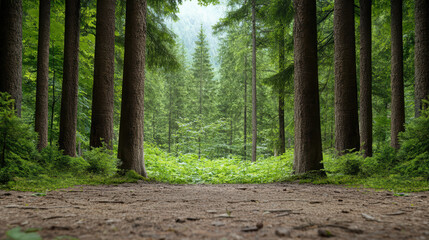 Deep green forest pine trunks framing misty fir grove, serene natural atmosphere