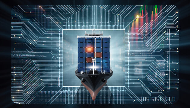 Global Trade's Digital Heartbeat: A modern container ship, symbolizing international trade, is encapsulated within a dynamic circuit board, indicating a blend of technology and transport.
