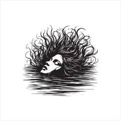 Mysterious woman's head with flowing hair emerging from water, a dramatic vector logo illustration for elegant design projects