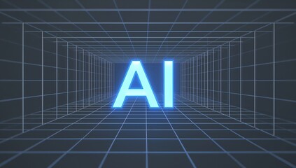 Glowing AI letters pulsing in cyan grid tunnel toward vanishing point with floor reflections, bloom