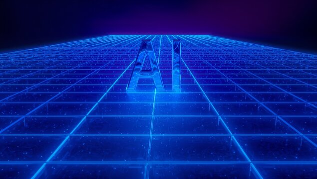 Rising translucent 3D AI letters glowing on neon blue grid plane in virtual cyberspace, reflections