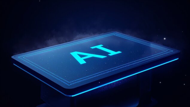 Floating glowing tablet showing AI in dark starry void, with neon blue circuit border - Powered by Adobe