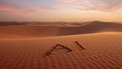 Displaying carved letters 'AI' casting shadows on rippled desert dunes at sunrise, with pink sky