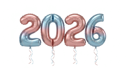 Isolated 3D illustration of the year 2026 in a glossy pink finish, adorned with elegant silver leaf details for a festive design