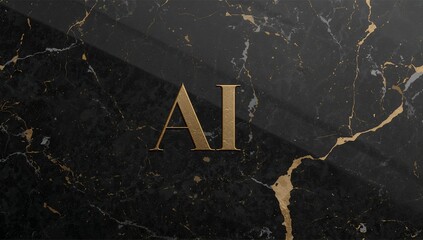 Featuring centered metallic gold AI monogram on polished black marble surface, showing gold seam
