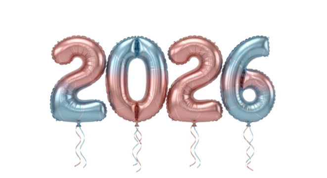 Isolated 3D illustration of the year 2026 in a glossy pink finish, adorned with elegant silver leaf details for a festive design