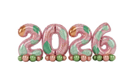 Isolated 3D illustration of the year 2026 in a glossy pink finish, adorned with elegant silver leaf details for a festive design