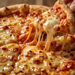 Ultra-realistic close-up of a bursting cheese pizza slice with melted cheese flowing out, crispy edges, intense detail, steam rising, moody background, professional food photography style.