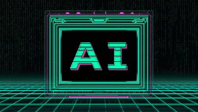 Displaying neon framed screen showing letters AI on virtual stage, with glowing grid floor - Powered by Adobe