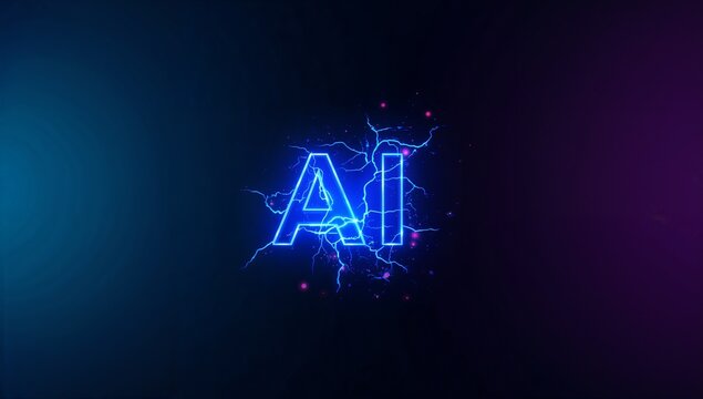 Glowing neon AI text pulsing in dark vignette showing electric arcs magenta sparks teal purple wash
