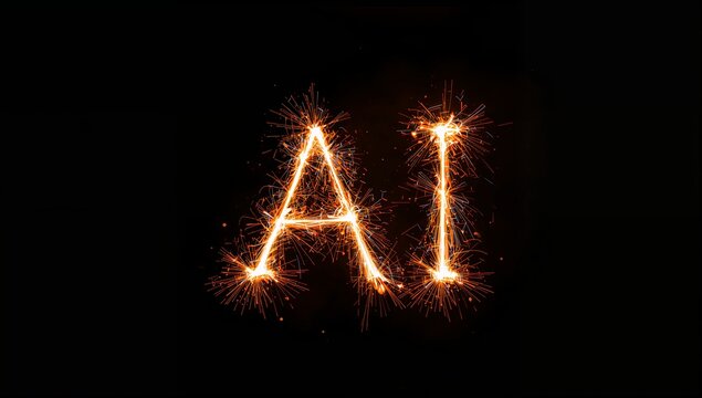 Forming bright sparkler letters AI in dark studio, glowing with radial sparks and faint smoke - Powered by Adobe